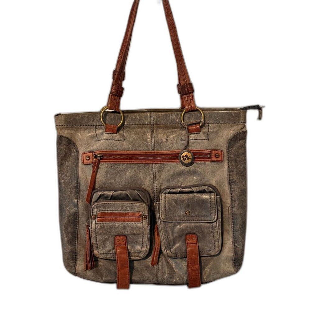 Y2K Boho The Sak Gray Leather Satchel Tote Multi Pocket Shoulder Purse Utility